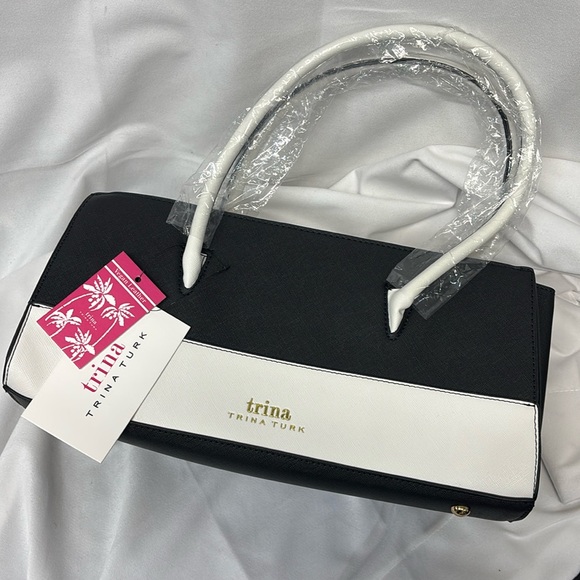 Trina Turk vegan leather Black and White colorblock satchel with shoulder strap - Picture 1 of 16